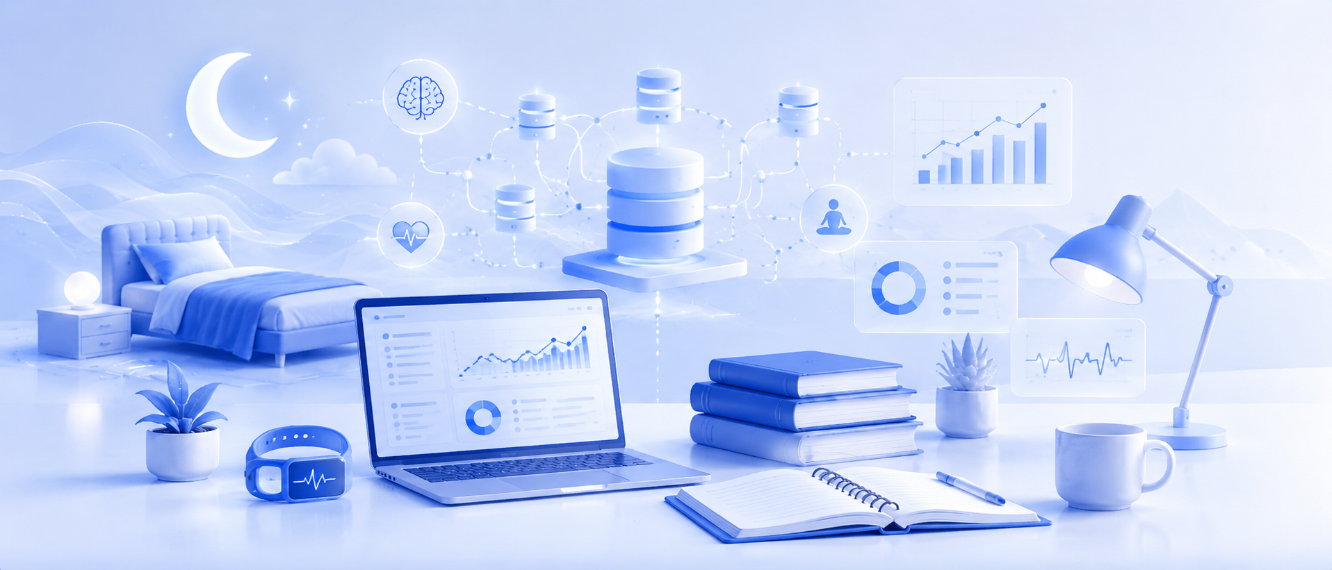 Wellness database visualization with sleep, stress, study analytics, connected data stores, and dashboard elements