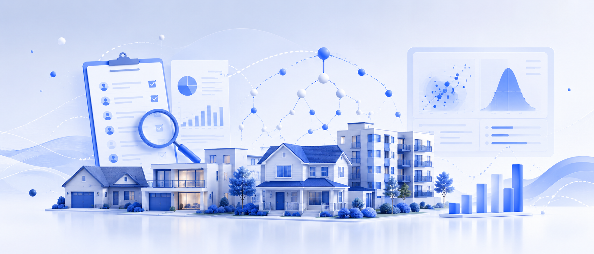 Housing analytics visualization with residential buildings, survey checklist, classification charts, and model evidence