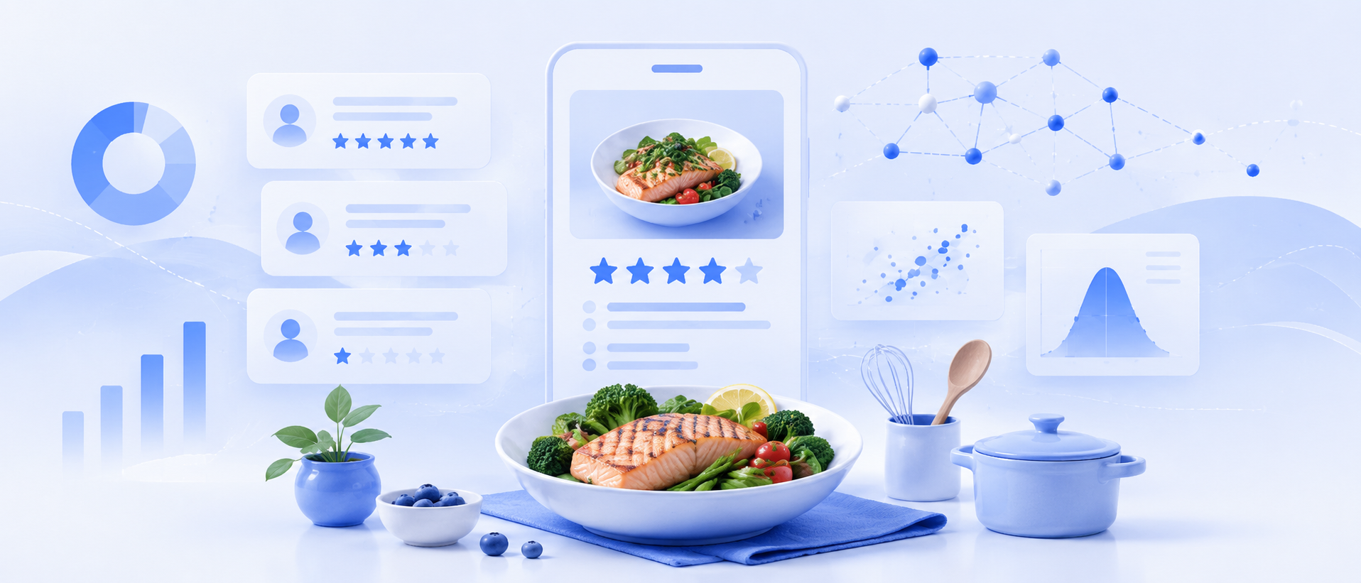 Recipe review classification visualization with food ratings, review cards, and feature distribution charts