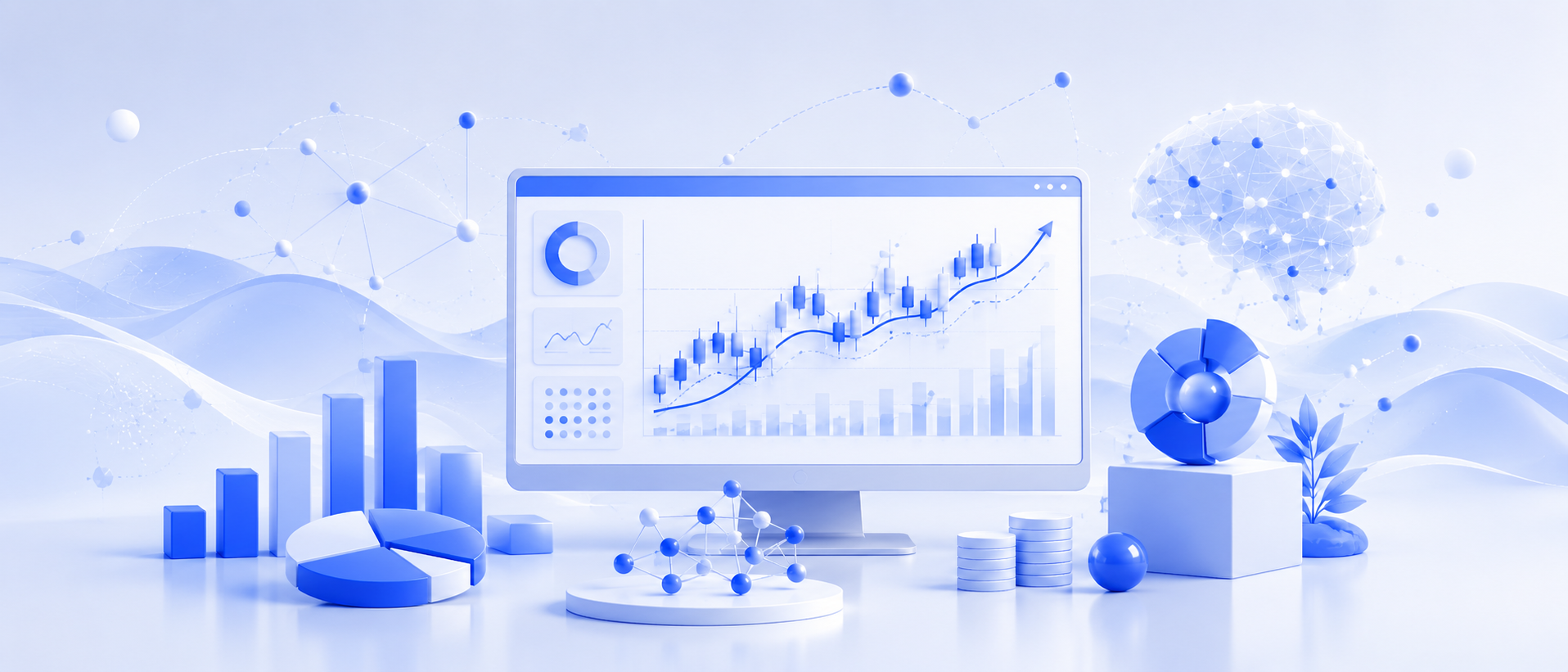 Stock prediction visualization with candlestick chart, trend signal, model dashboard, and analytics visuals