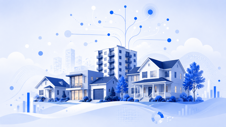 Housing analytics thumbnail with residential buildings and blue data network visuals