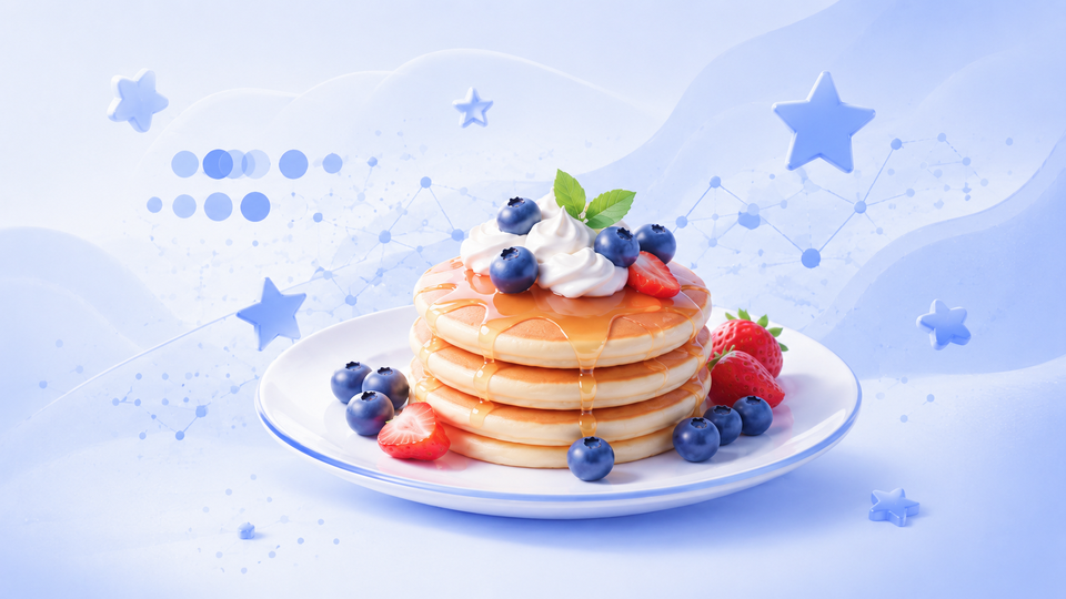Recipe review analytics thumbnail with pancakes, berries, and rating-inspired data visuals