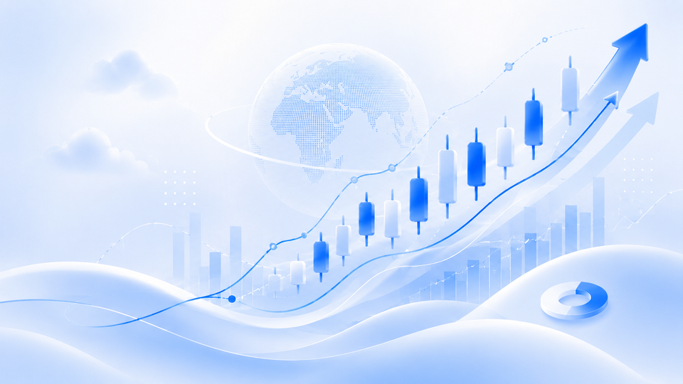 Stock prediction analytics thumbnail with candlesticks, globe, and upward trend arrow